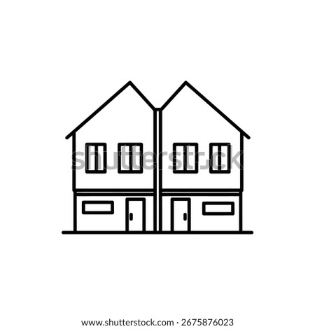A minimalist line drawing depicts two identical, attached houses side-by-side, showcasing a simple architectural design with windows and doors, isolated on white.
