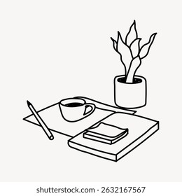 Minimalist line drawing of a desk with a plant, coffee cup, notebook, and pen. Simple desk setup with plant, coffee, and notebook. Clean, minimalist design. Line art illustration vector.