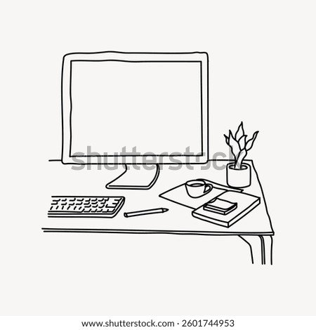 Minimalist line drawing of a desk setup with a computer, keyboard, coffee cup, notebook, and plant. Simple desk illustration with computer and plant. Doodle illustration vector.