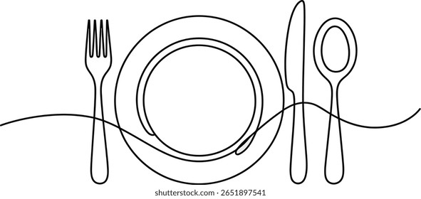Desenho de linha minimalista da placa de jantar com colher, faca e garfo, ilustração de linha contínua simples de talheres e placa