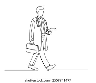 Minimalist line drawing of a doctor walking with a briefcase and clipboard, wearing a lab coat and stethoscope Captures the essence of a busy healthcare professional in a clean, artistic style