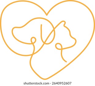 A minimalist line drawing of a dog and cat's heads intertwined within a heart shape.  The image is simple and uses a single, warm gold color.