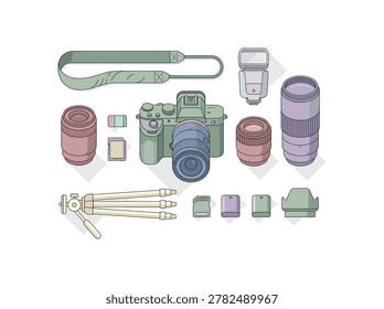 Minimalist line drawing of a DSLR camera kit including lenses, flash, strap, tripod, batteries, and memory cards.