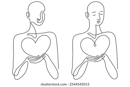 Desenho de linha minimalista de abraçar casal formando um coração com as mãos