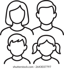 A minimalist line drawing of a family consisting of a mother, father, son, and daughter. The figures are faceless.