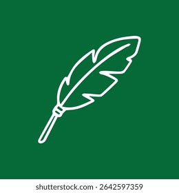 A minimalist line drawing of a feather in white, set against a solid green background for a clean and modern aesthetic.