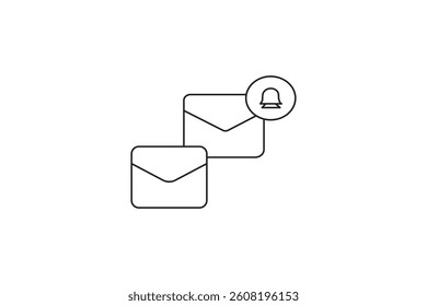 A minimalist line drawing features an envelope with a email notification bell icon. 