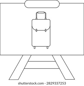 A minimalist line drawing features a rolling suitcase displayed on a portable easel, suggesting travel or presentation.