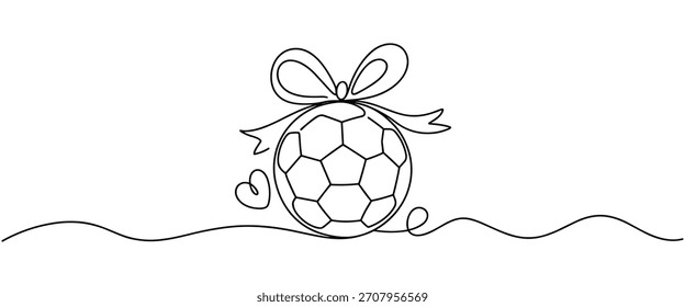 Un dibujo de línea minimalista presenta un balón de fútbol adornado con un lazo y una forma de corazón. Formato de Vector escalable adecuado para medios impresos y digitales.