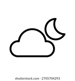 A minimalist line drawing featuring a cloud partially obscuring a crescent moon, symbolizing night or cloudy weather. Weather Forecast and Season single line icon UI design.