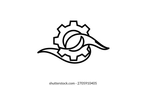 Un dibujo de línea minimalista con un engranaje con un diseño de remolino, que representa la industria, la tecnología y el movimiento dinámico.