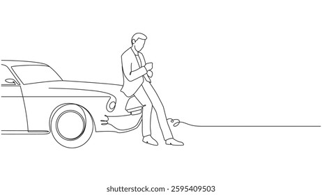 A minimalist line drawing featuring a man in a suit leaning against a classic car while using his phone, isolated on a white background. The clean, elegant style conveys a sense of timeless sophistica