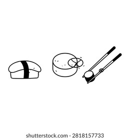 A minimalist line drawing featuring a piece of sushi, a circular shape, and chopsticks holding a piece of sushi.