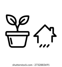 Un dibujo lineal minimalista con una planta en maceta con dos hojas y una casa simple