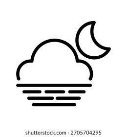 A minimalist line drawing featuring a stylized cloud partially obscuring a crescent moon, set against a background of horizontal lines representing water or mist. Weather Forecast and Season single li