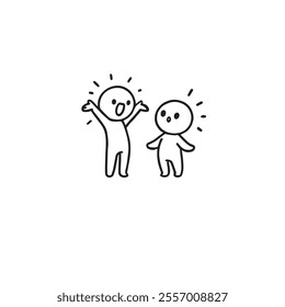 A minimalist line drawing featuring two cartoon characters, one excited and the other surprised, conveying emotions of joy and wonder. Ideal for expressing happiness, communication, and friendly inter