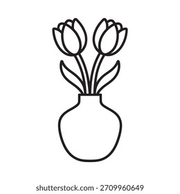 Un dibujo de líneas minimalista con dos tulipanes estilizados con hojas en un jarrón redondeado, presentado en blanco y negro.