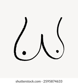 Minimalist line drawing of a female torso, focusing on the breasts. Simple, abstract, and artistic representation of the female form. Doodle illustration vector.