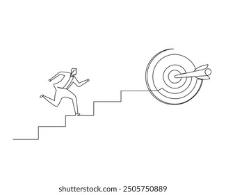 Minimalist line drawing of a figure climbing stairs towards a target with an arrow in the bullseye. This image symbolizes goal achievement, progress, and success, emphasizing determination and focus