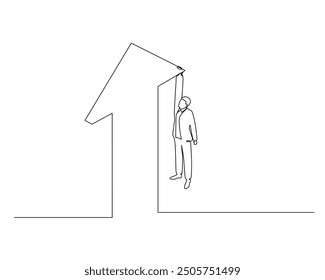 Minimalist line drawing of a figure standing inside a tall structure shaped like the number one, holding an arrow pointing upwards. This image symbolizes ambition, progress, and striving for success