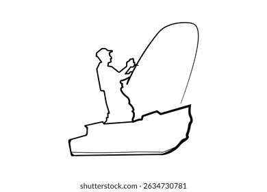 Um desenho de linha minimalista de um pescador em um barco lançando sua linha. Contorno preto em um fundo branco.