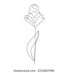 Minimalist line drawing of a flower with a stem, leaves, and petals, perfect for simple designs or botanical illustrations