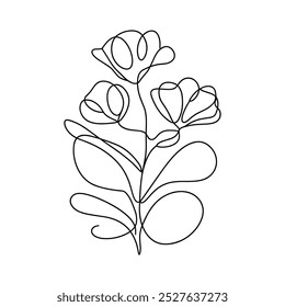 A minimalist line drawing of flowers with leaves on a white background, concept of elegance