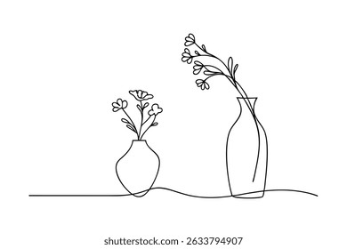 Minimalist line drawing of flowers in vases artistic floral decorative elegant design