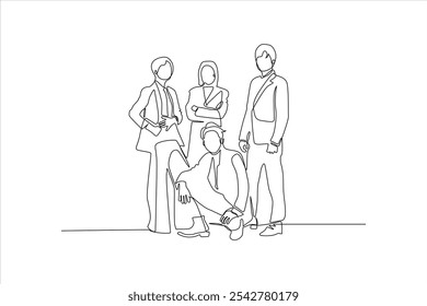 A minimalist line drawing of four individuals in professional attire, showcasing teamwork.