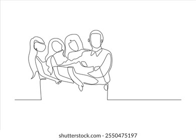 A minimalist line drawing of four people in a playful pose.