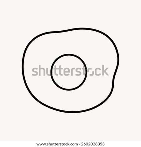 Minimalist line drawing of a fried egg. Simple egg outline, yolk in center. Black lines on white background. Artistic egg design, abstract egg shape. Cute vector illustration.