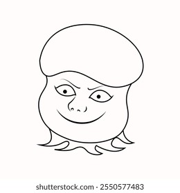 A minimalist line drawing of a friendly, round cartoon jellyfish with big, curious eyes and a small, smiling mouth. Its body is adorned with simple, flowing tentacles.