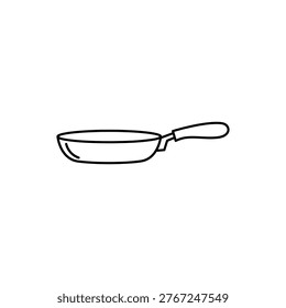 A minimalist line drawing of a frying pan with a handle, showcasing a simple and clean design. The illustration is rendered in black on a white background, highlighting the basic shape and form of the kitchen utensil. The image is ideal for use in cooking-related contexts, such as recipe books, kitchenware advertisements, or culinary blogs.