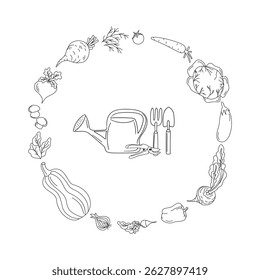 Minimalist line drawing of gardening tools and vegetables arranged in a circular shape. Features watering can, fork, trowel, and pruners surrounded by vegies, leafy produce, in elegant outline style.