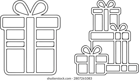 Minimalist line drawing of gift boxes featuring bows, including single and stacked designs for versatile use.