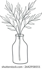 Minimalist line drawing of a glass vase with leafy branches, ideal for botanical prints, modern wall art, packaging, eco branding, or elegant vector design projects and digital  themes.