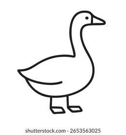 Um desenho de linha minimalista de um ganso, com um pescoço longo e pés geométricos simples, isolado em um fundo branco.