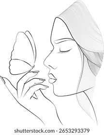 Desenho de linha minimalista de uma mulher graciosa com cabelo fluindo e uma borboleta descansando em sua mão. Vetor delicado e elegante perfeito para projetos de beleza, natureza ou temática feminina.