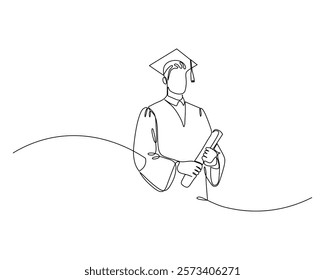 A minimalist line drawing of a graduate wearing a cap and gown, proudly holding a diploma captures the essence of academic success and the joy of graduation