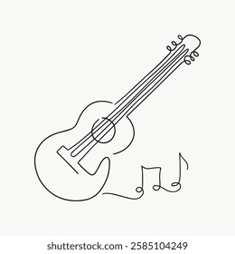 Minimalist line drawing of a guitar with musical notes. Simple guitar sketch, elegant guitar design, and creative guitar illustration in black lines. Simple line art vector.