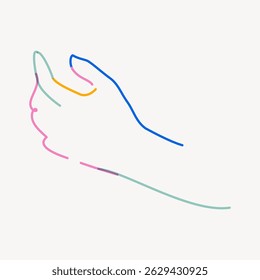 Minimalistische Linienzeichnung einer Hand in einem kontinuierlichen Linienstil. Die Handkontur ist bunt und weist auf weißem Hintergrund Blau-, Rosa- und Grüntöne auf. Illustrationsvektor für Linien.