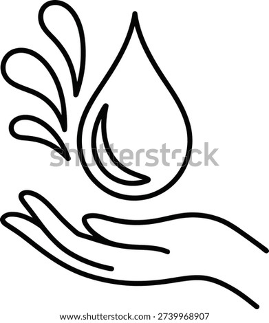 A minimalist line drawing of a hand cupped to catch a falling water droplet with splashes emanating from it.