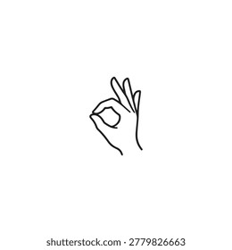 Minimalist line drawing of a hand forming an 'okay' gesture against a clean white backdrop. Symbolizes agreement and excellence for advertising.