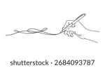 A minimalist line drawing of a hand holding a pen and creating a flowing line.