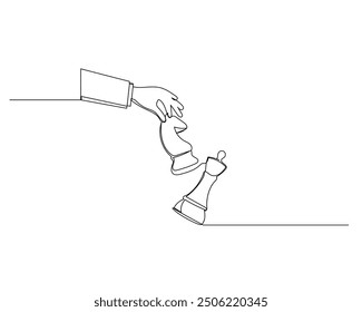 Minimalist line drawing of a hand holding a chess knight above a chessboard, strategic decision making and planning. Illustration in importance of thoughtful moves in achieving goals