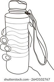 Desenho de linha minimalista de uma mão segurando uma garrafa de água reutilizável com uma correia, perfeito para estilo de vida eco-friendly, consciência hidratação, fitness, acessórios de viagem e ilustrações de vida saudável.