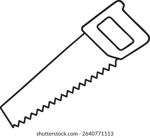 A minimalist line drawing of a hand saw, featuring a handle and a serrated blade for cutting wood.