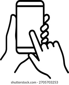 Minimalist line drawing of a hand tapping a smartphone screen, illustrating mobile app interaction and digital engagement for modern technology design