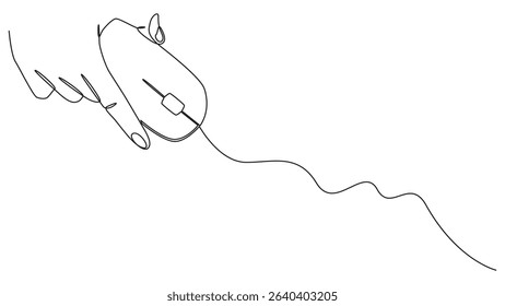 Minimalist line drawing of a hand using a computer mouse on a white background