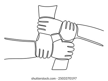 Minimalist line drawing of hands coming together in unity. Simple one line illustration of teamwork.